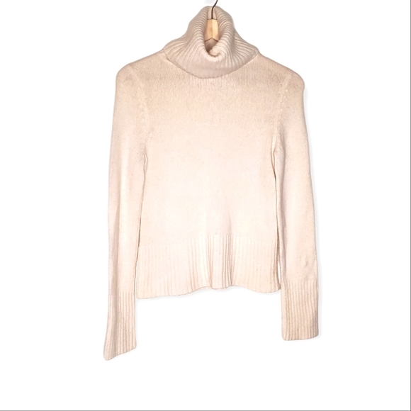 Cream White Cowl Neck Flat Knit Sweater with Ribbed Accents - Picture 1 of 9